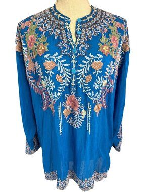 Johnny Was Embroidered Boho Floral Blue Tunic Top 100% Long Sleeve XS